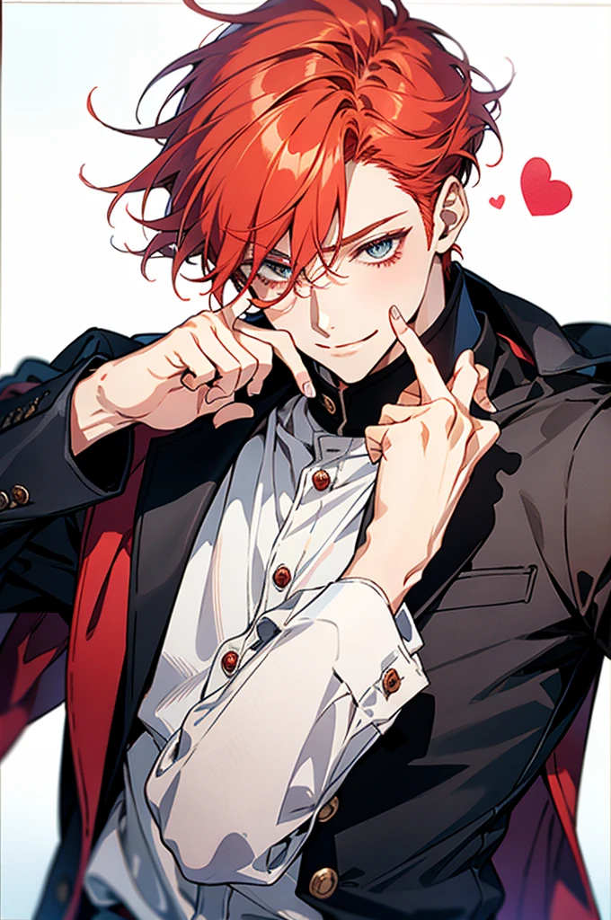 Bright red hair,short hair,clear line drawing, transparent watercolor, clear shading, beautiful young man, slim,finger heart, Fashionable everyday wear, convey love, inner strength, loves it,high quality, Amount to draw, pixiv illustration,smile, {{{man make heart symbol with fingers,make heart symbol with index fingers and middle fingers}}},