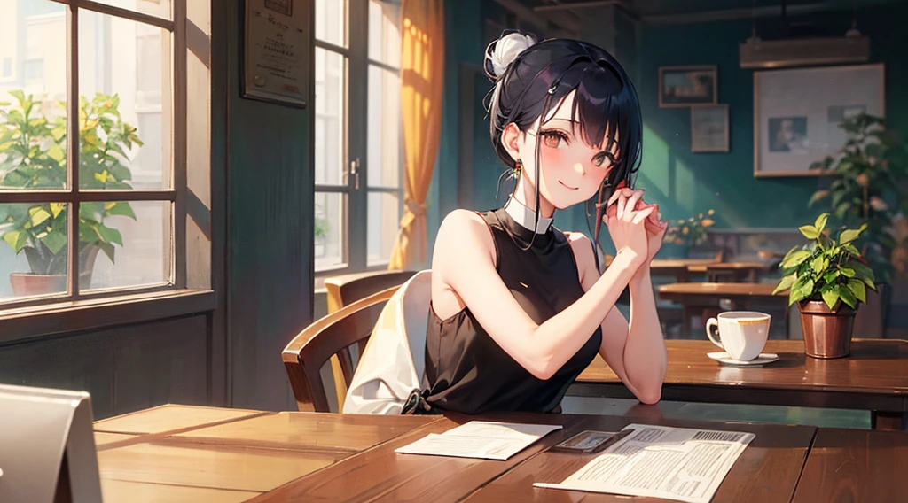 A smiling girl, listening to music with headphones, is turned to the side while drinking coffee in a cafe. There's a straw on the table, and sunlight streams through the window, creating a warm and cozy atmosphere. The space is filled with a floral aesthetic and pastel colors, looking like a slice of everyday life. She enjoys a quiet morning, with the aroma wafting from a latte with elegant latte art. The scene has a bokeh effect, and potted plants and cherry trees can be seen. Her cheeks are red, and she has blue hair with a wave motif pattern, pondering something with a gentle and delicate expression. She is slender, has brown eyes, is tall, has black hair styled in a bun with a 1.3 ratio forehead, is wearing a black sleeveless top with a 1.3 ratio, and silver earrings, and she appears shy.