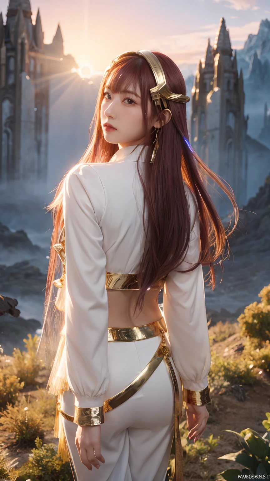((masterpiece, best quality, extremely detailed), volumetric lighting, ambient occlusion, colorful, glowing), 1girl, solo, young girl, (maroon hair with bangs), long hair, halo, aura, sacred, goddess, cleric suit, (white outfit with gold detailst:1.3), armor, outdoors, sunset, sky, clouds, space, (fantasy theme:1.2),