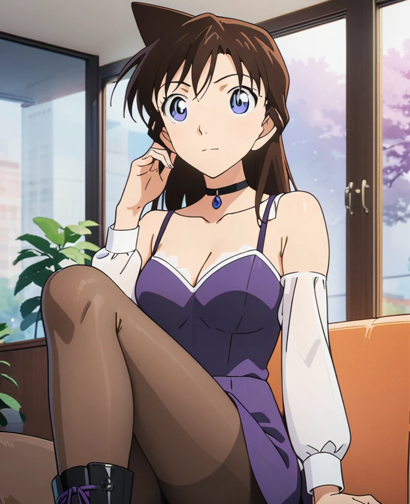 （Brunette，Purple evening dress，8k，Perfect body，Ultra Clear，Highest quality, masterpiece:1.4),(Anime Style:1.37) , photograph, Detailed Background, 1 Girl, (((white lace panties))), boots, Cowboy Shooting, Watching the crowd, A faint smile, Tinnitus, skirt, choker, Best, Sitting, Crossing your legs, From below, On the sofa, window, living room,