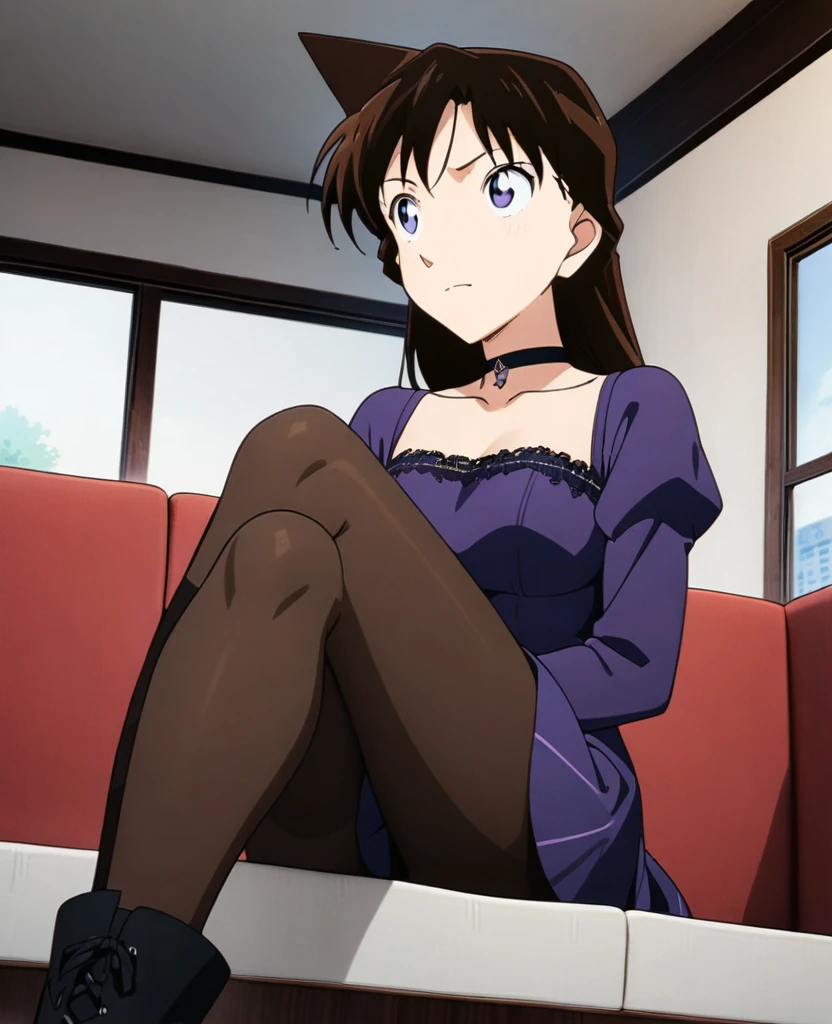 (Brunette,Purple evening dress,8k,Perfect body,Ultra Clear,Highest quality, masterpiece:1.4),(Anime Style:1.37) , photograph, Detailed Background, 1 Girl, (pantyhose), boots, Cowboy Shooting, Watching the crowd, A faint smile, Tinnitus, skirt, choker, Best, Sitting, Crossing your legs, From below, On the sofa, window, living room,