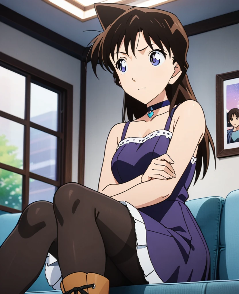 （Brunette，Purple evening dress，8k，Perfect body，Ultra Clear，Highest quality, masterpiece:1.4),(Anime Style:1.37) , photograph, Detailed Background, 1 Girl, (pantyhose), boots, Cowboy Shooting, Watching the crowd, A faint smile, Tinnitus, skirt, choker, Best, Sitting, Crossing your legs, From below, On the sofa, window, living room,