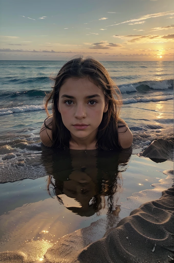 (Ultra-detailed, high resolucion, Masterpiece:1.2), Realstic, Hdr, professionnel, Couleurs vives, Beach & Ocean, portrait, Fille de 13 ans, cheveux longs, Contempler le coucher de soleil, Prise de vue du corps entier, golden hour, tons chauds, Vagues douces, Rivage sablonneux, Serene atmosphere, Clouds of cotton candy, Reflection on water, brise douce, innocence, joie, exploration, imagination, bonheur, tranquility