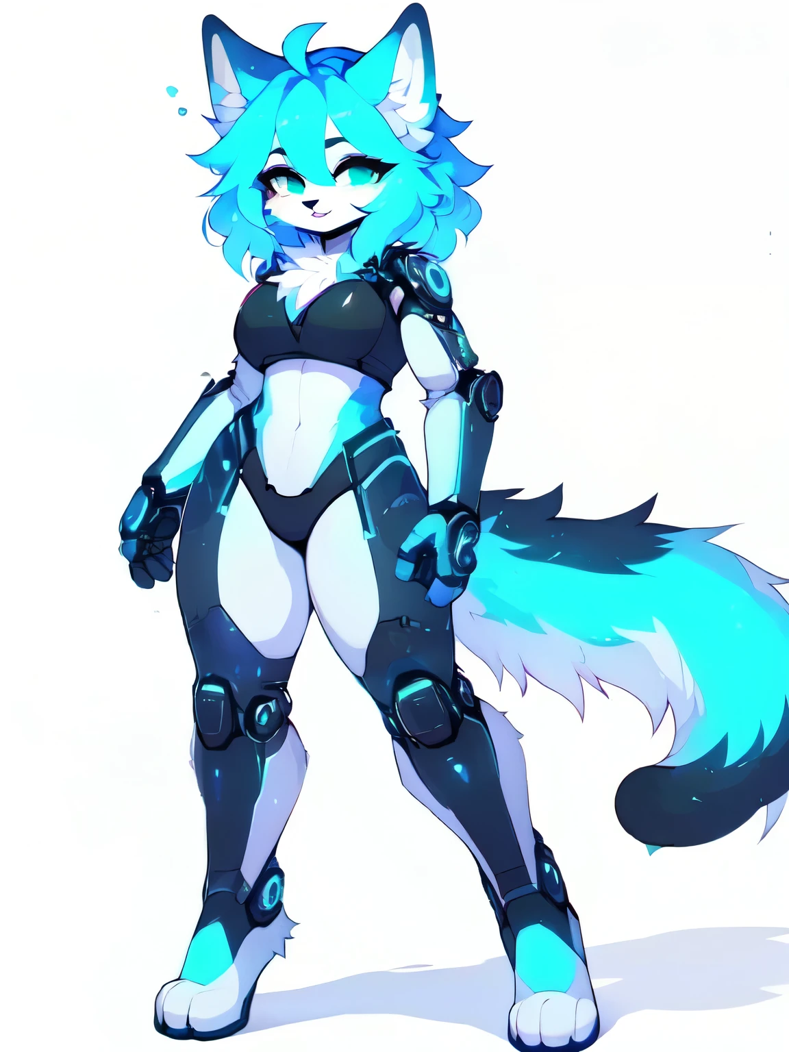 ((white background)), ((simple background)), ((full body)), standing, cute, front view, soft, gentle, solo, wear a blue and black suit, cat, female, intricately designed cybernetic implants, tall, skinny, thick thighs, original, digital art, ((characther sheet)), commision, illuminated body parts, by hyattlen, by fumiko, by claweddrip, posing seductively, tummy, ((chest)), legs, big breasts, blue breasts, fluffy tail, ((light smile))