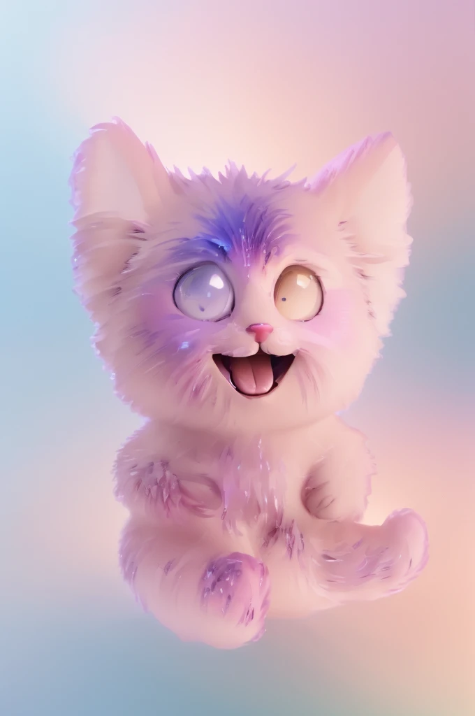 The image features asuper fluffy cute pink cartoon cat with large expressive eyes and a cheerful smile, standing against a blue background, chubby cat, fluffy cat, pink cat, shiny pink cat, super fluffy 3d pink cat with bright gradient reflections, beeple and jeremiah ketner, adorable digital painting, 3 d icon for mobile game, 3 d littlest pet shop cat, cat cat dreamcats, cat from the void, normal map, cute detailed digital art, cats cat dreamcats, cat. digital painting, cute 3 d render, multiple light sources, rim light, sharp post effects render, (fluffy fur texture with multiple big light probe refractions), perfect cgi, cgi art, smooth silhouette, high intensity refraction, (mesh material), most beautiful vfx, blue background, mesh refractions. It in 4k resolution, allowing viewers to immerse themselves in the richness of the colors and intricate details. The realistic rendering. under the spotlight, reflecting, high-resolution image, realistic rendering, dark background, and rim light photorealistic, The background is black