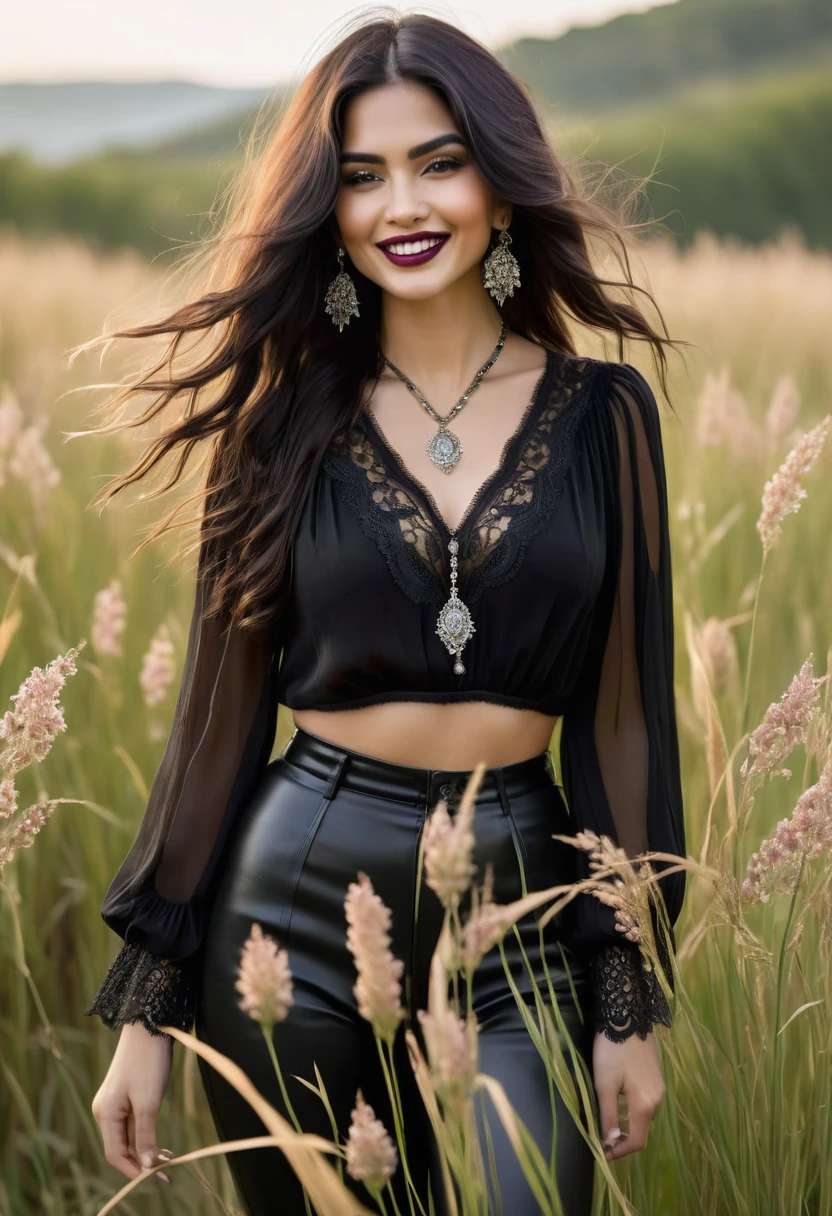 A woman standing in a field of tall grass and flowers with a gothic style and a smile. She has long, wavy dark hair blowing in the wind and light makeup with a hint of dark lipstick. She is wearing a sheer black blouse with intricate lace details and a deep V-neck, paired with high-waisted dark pants. She is adorned with dangling earrings and layered silver necklaces. The scene has a soft, warm glow with a blurred background, highlighting the woman's serene and elegant presence amidst the natural surroundings.