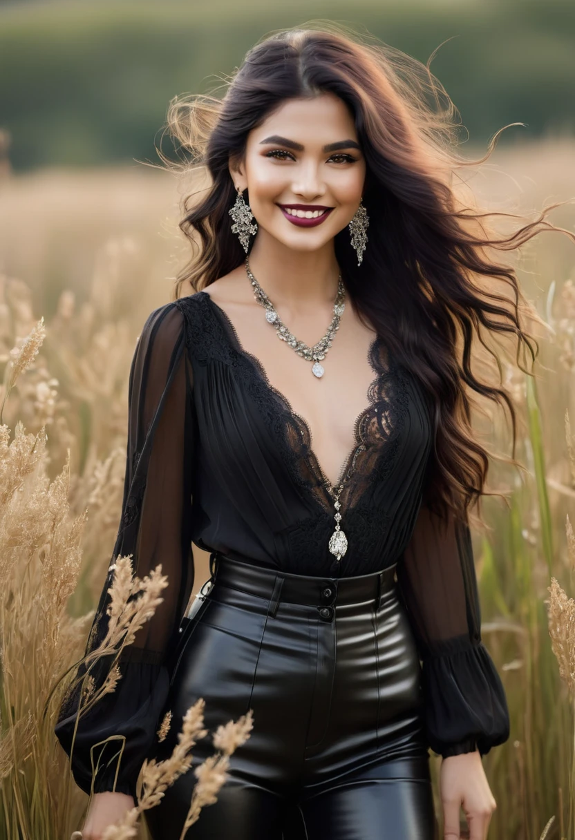 A woman standing in a field of tall grass and flowers with a gothic style and a smile. She has long, wavy dark hair blowing in the wind and light makeup with a hint of dark lipstick. She is wearing a sheer black blouse with intricate lace details and a deep V-neck, paired with high-waisted dark pants. She is adorned with dangling earrings and layered silver necklaces. The scene has a soft, warm glow with a blurred background, highlighting the woman's serene and elegant presence amidst the natural surroundings.