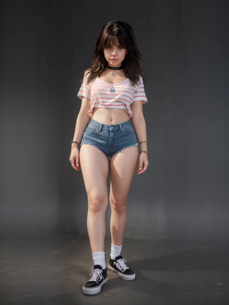 girl sexy realistic, fringe hair realistic, face sweet realistic wearing realistic t-shirt, realistic shorts denim, realistic ankle white socks, realistic vans shoes uses choker and bracelets realistic details.