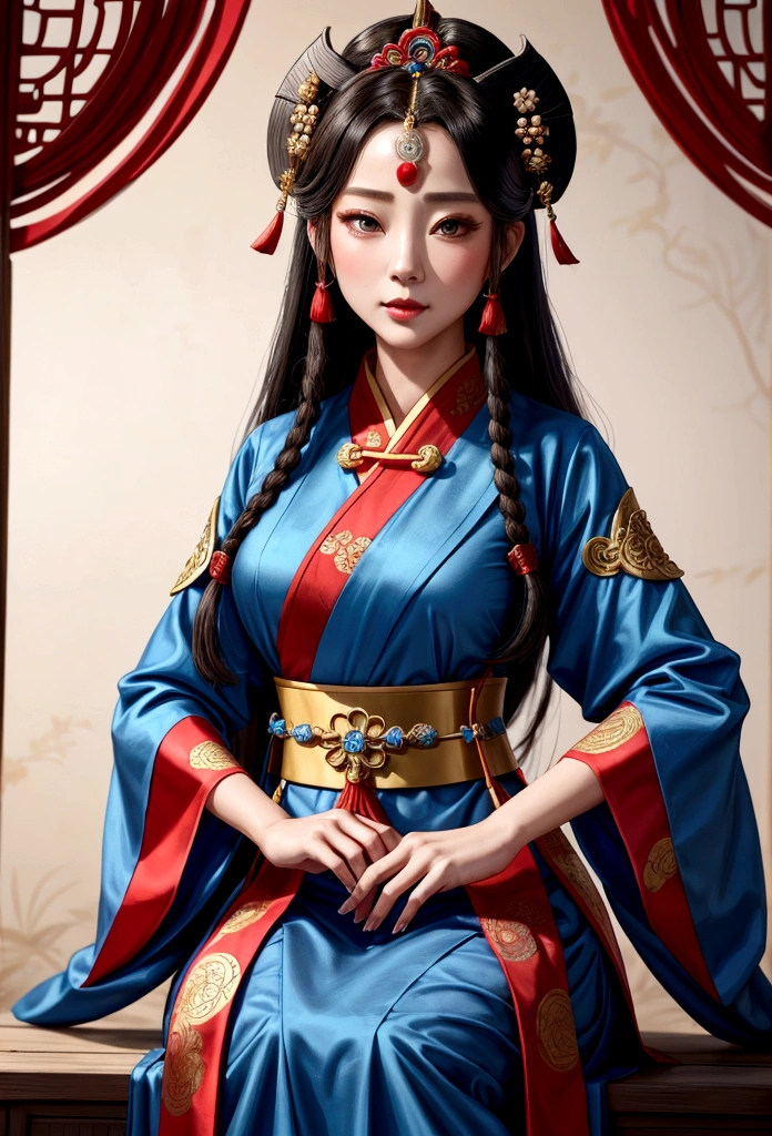 Close up of woman in blue and red dress, Palace ， a girl in Hanfu, Hanfu, wearing ancient Baekje clothes, Baekje style, ancient Baekje princess, Works inspired by Lan Ying, Baekje princess, beautiful fantasy empress, Princess of an ancient Asian dynasty, Three Kingdoms Costume, Beautiful expression of the Tang Dynasty, Inspired by Qiu Ying, wearing ancient Baekje clothes
