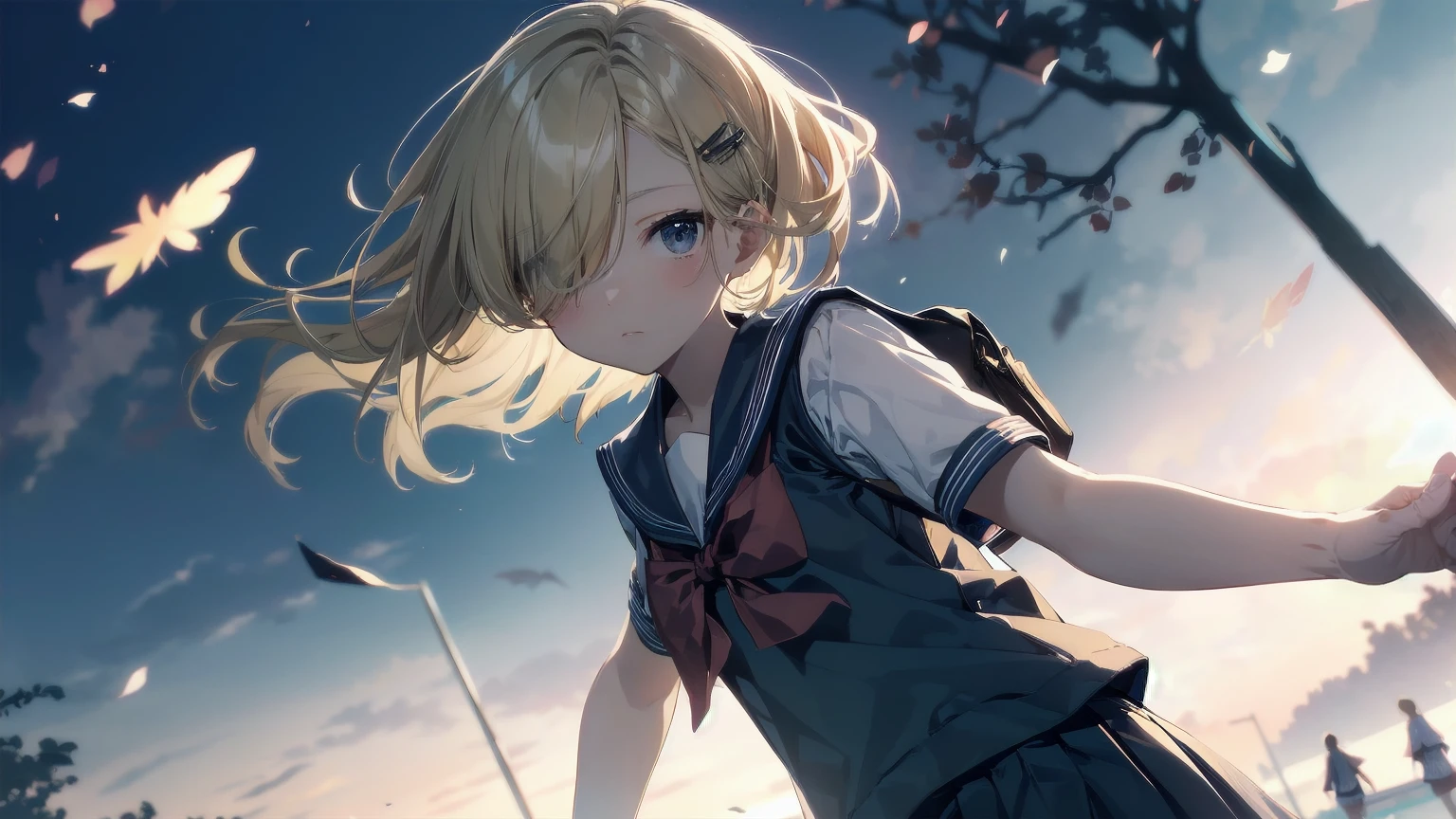 Highest quality, Anime Moe Art Style,Best Anime 8K Konachan Wallpaper,pixiv contest winners,Perfect Anatomy, (Please draw a girl walking sleepily to school... ),break, 1 Girl, (alone,,,13 years old:1.3),high school student, short hair, amount, (Hair above one eye:1.7),All limbs, Full Finger,Medium chest, Between the legs, Small eyes,accurate black eyes, Hair Clip, (Sailor suit:1.5),(school uniform:1.5) skirt,On the way to school. break,Very detailed,High resolution,Ultra-dense skin, Professional Lighting,8k eye detail, (Cute illustrations:1.2),blonde,blonde hair,Expressionless,(Hair on one eye:1.5),Sailor suit