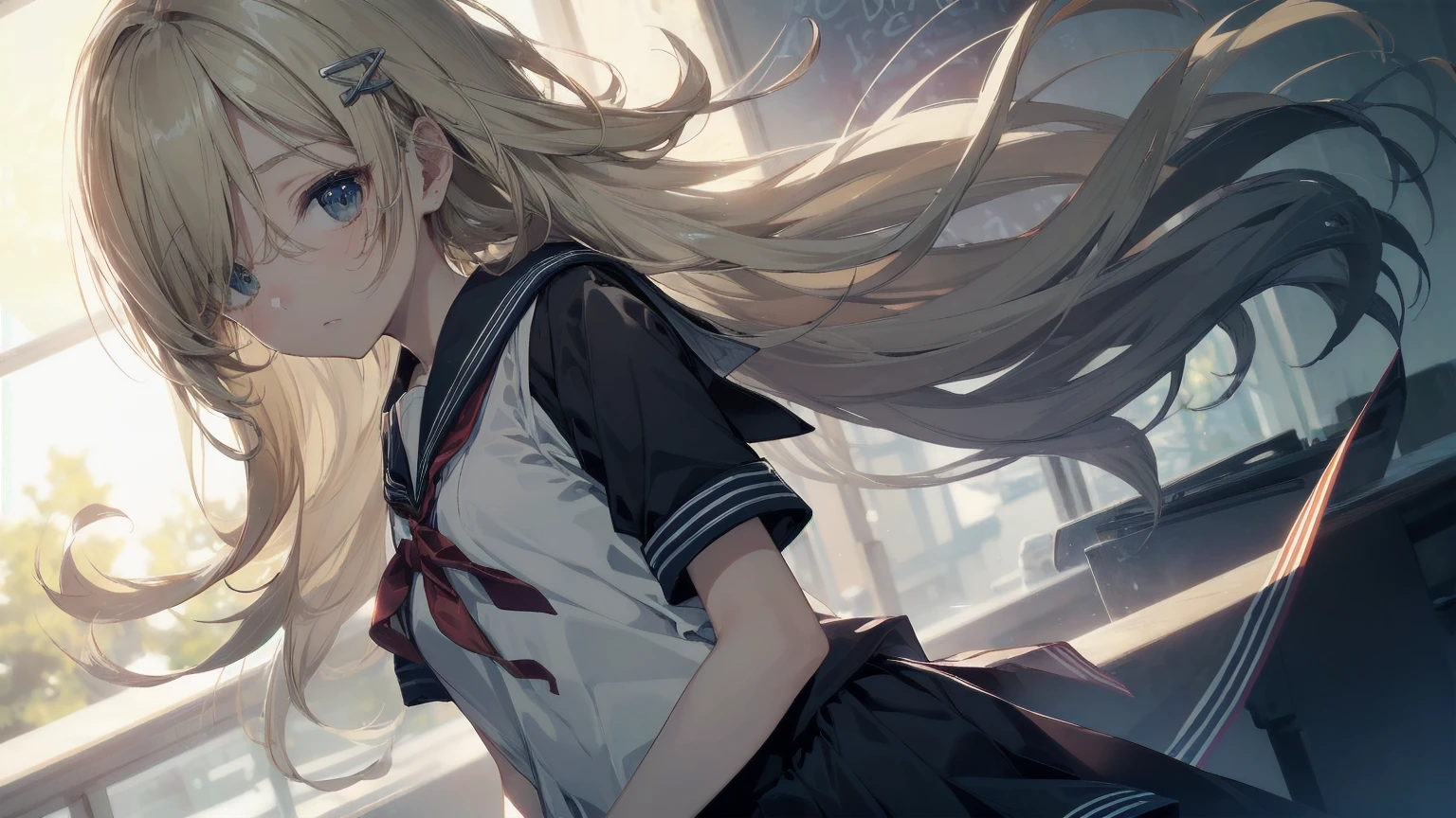 Highest quality, Anime Moe Art Style,Best Anime 8K Konachan Wallpaper,pixiv contest winners,Perfect Anatomy, (Please draw a girl walking sleepily to school... ),break, 1 Girl, (alone,,,13 years old:1.3),high school student, short hair, amount, (Hair above one eye:1.7),All limbs, Full Finger,Medium chest, Between the legs, Small eyes,accurate black eyes, Hair Clip, (Sailor suit:1.5),(school uniform:1.5) skirt,On the way to school. break,Very detailed,High resolution,Ultra-dense skin, Professional Lighting,8k eye detail, (Cute illustrations:1.2),blonde，blonde hair，Expressionless，(Hair on one eye:1.5)，Sailor suit