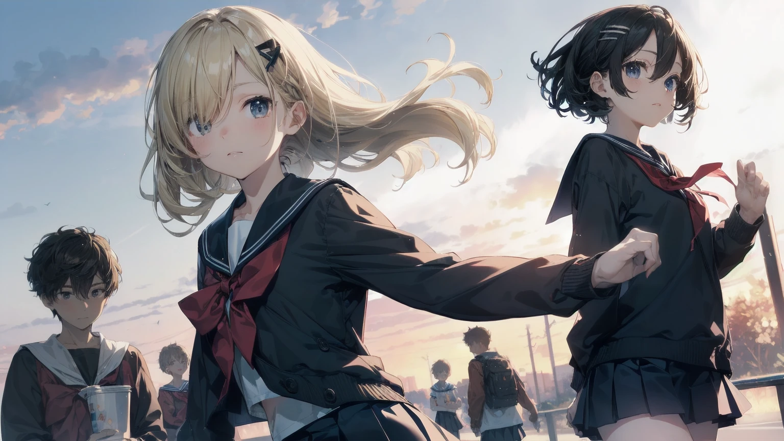 Highest quality, Anime Moe Art Style,Best Anime 8K Konachan Wallpaper,pixiv contest winners,Perfect Anatomy, (Please draw a girl walking sleepily to school... ),break, 1 Girl, (alone,,,13 years old:1.3),high school student, short hair, amount, (Hair above one eye:1.7),All limbs, Full Finger,Medium chest, Between the legs, Small eyes,accurate black eyes, Hair Clip, (Sailor suit:1.5),(school uniform:1.5) skirt,On the way to school. break,Very detailed,High resolution,Ultra-dense skin, Professional Lighting,8k eye detail, (Cute illustrations:1.2),blonde，blonde hair，Expressionless，(Hair on one eye:1.5)，Sailor suit