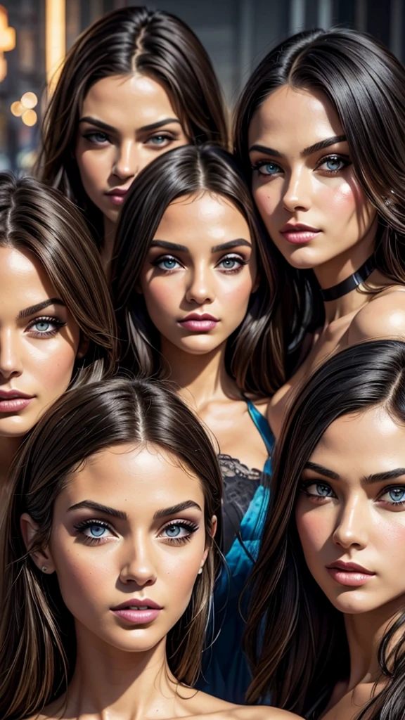 (((masterpiece))), best quality, hyper detailed gouache style painting portrait of a group of beautiful female, smooth shadows, hyper realistic textures, 8k, best quality, realistic cartoony features, stylized illustration, smooth shadows, correct anathomy, chromatic aberration, neon highlights, global warm lights, dynamic poses, expressive facial expressions