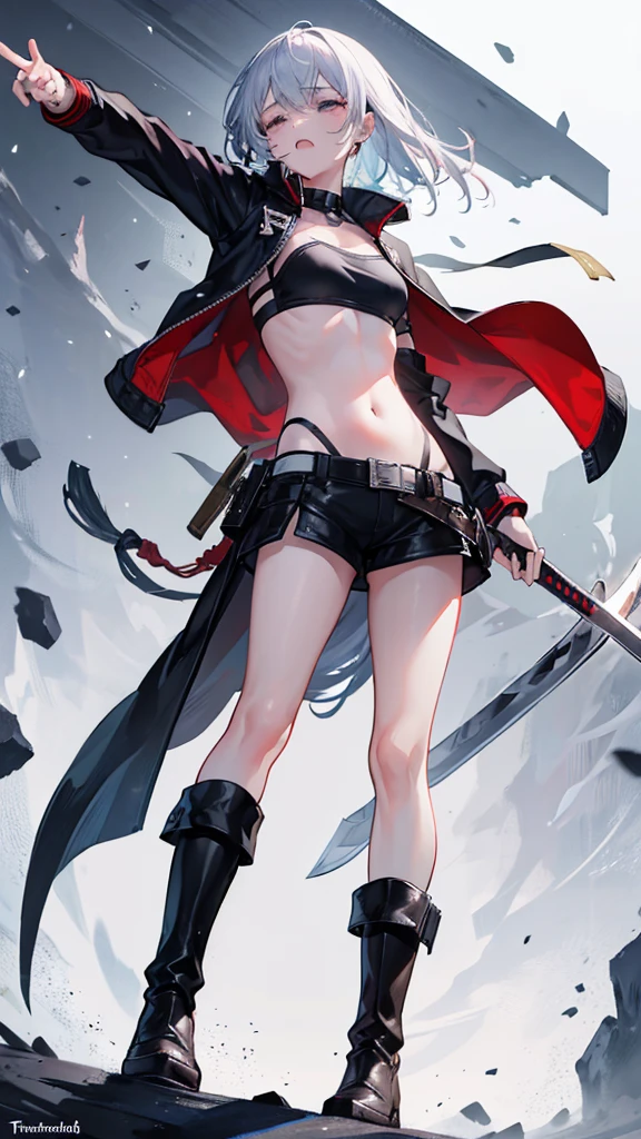 Girl, Navel exposed,  Wearing calf-length socks and boots, Holding a sword, Being attacked by enemies, He closes his eyes in pain and cries, Wearing a jacket