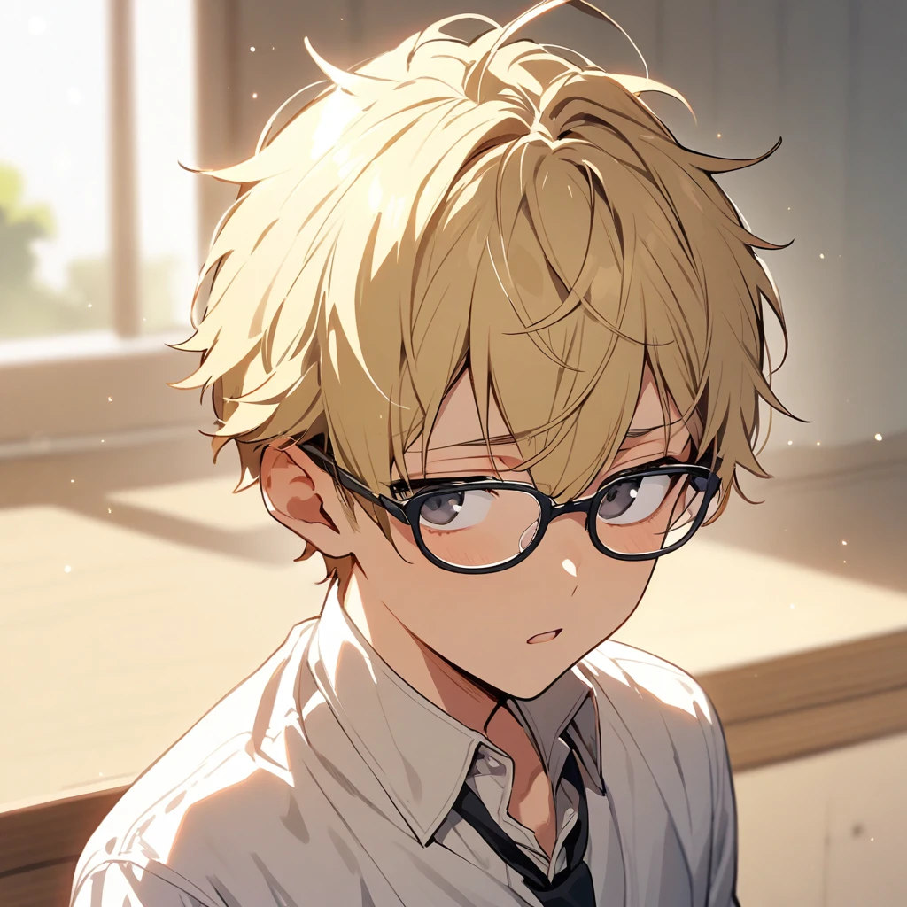 Male, solo, handsome, blond hair, black eyes, glasses, innocent, boy, innocent