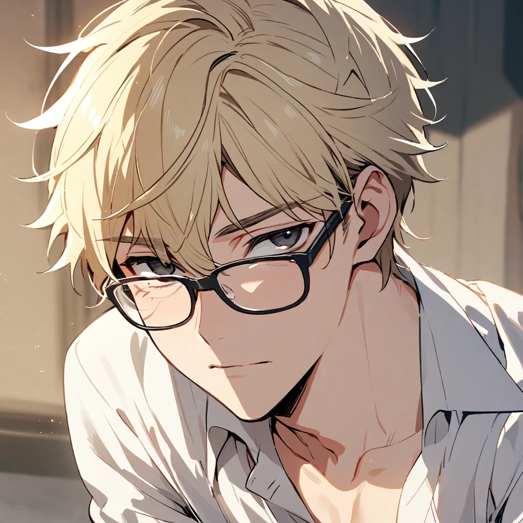 Male, solo, handsome, blond hair, black eyes, glasses, innocent, boy, innocent
