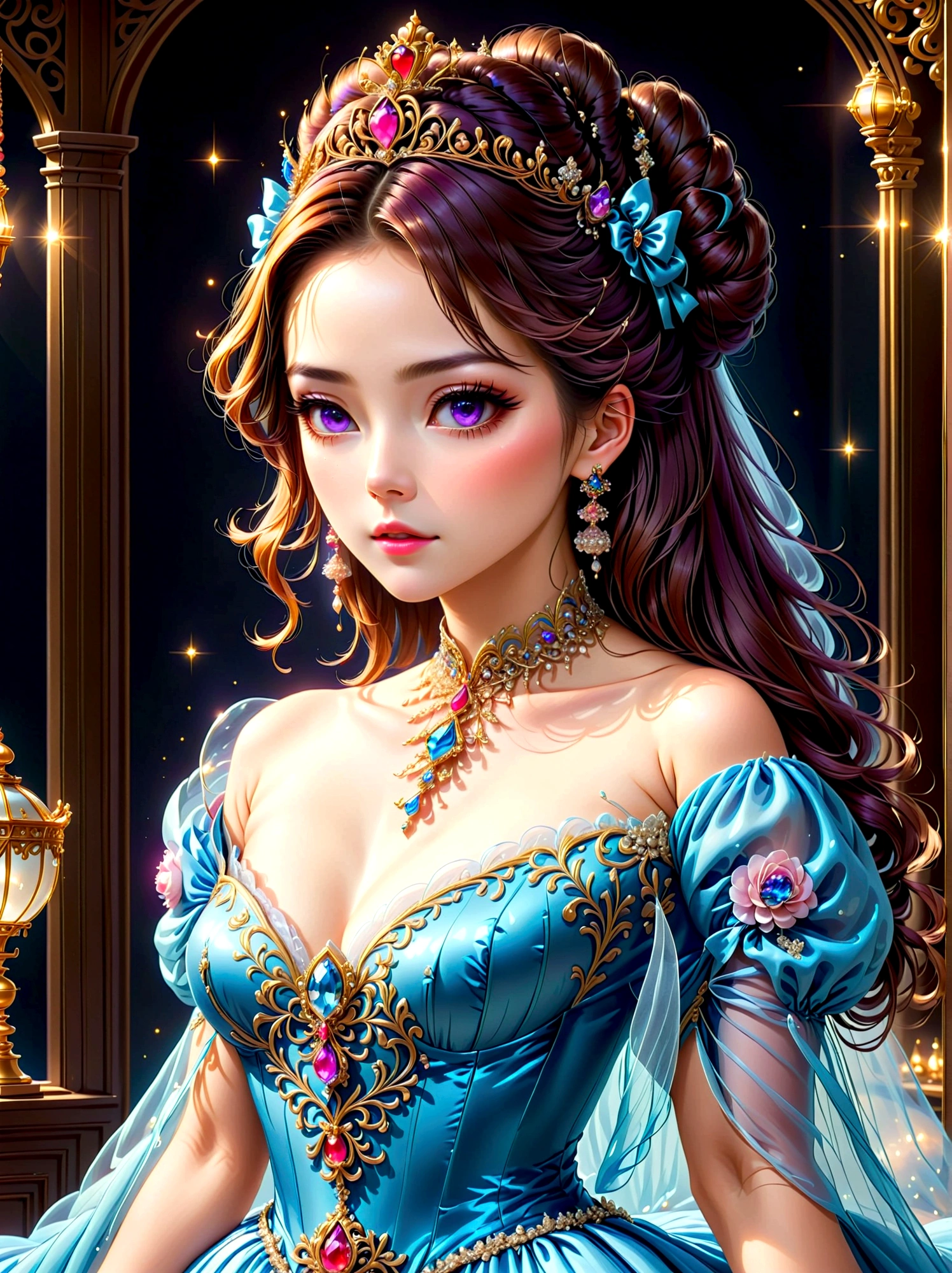 ((masterpiece))，Best quality，absurd，Ultra Detailed，(whole body:1.5)，Golden Ratio，Super cute and beautiful Asian idol girl，Very beautiful violet bright eyes，Beautiful colorful shiny brown hair，High Ponytail，good body shape，fit，Perfect body，(Wearing a stately and exquisite royal Cinderella court evening gown:1.5)，With huge puff sleeves and hourglass waist，adorned with bows，Embroidery and jewelry，Long white gloves，pearl necklace and earrings，Beautiful hair accessories，Dark theme elements, Pencil Sketch