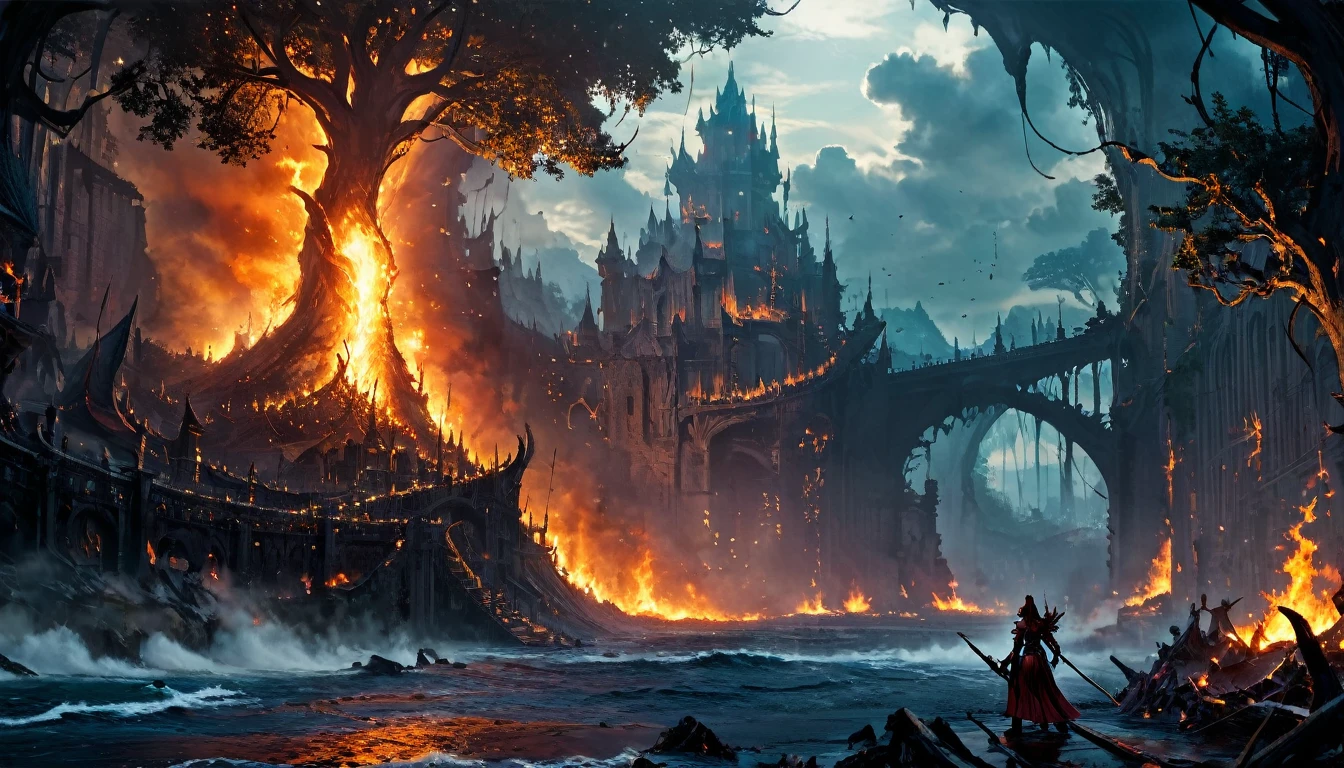 best quality,4k,8k,highres,masterpiece:1.2),ultra-detailed, (large masterpiece digital art), (detailed manga illustration), (detailed line art), cinematic lighting, (intricate details:1.3), (ultra-detailed:1.3), (illustration:1.3), (sharp focus:1.3), (natural lighting:1.05), (vivid colors:1.3), (masterpiece), (best quality:1.4), dynamic lighting, high quality, The Infernal Wilds of Anarchy stretch across a vast and tumultuous plane of existence, occupying a space beyond the confines of mortal comprehension. This realm defies the laws of nature, existing as a chaotic expanse where order and structure hold little sway. Imagine a landscape of endless, roiling chaos, where the very fabric of reality is in constant flux. The size of the Infernal Wilds of Anarchy is staggering, spanning an incomprehensible expanse that defies conventional measurement. It extends infinitely in all directions, with no discernible boundaries or edges. Within this boundless expanse, countless realms, each a universe unto itself, ebb and flow like islands in a turbulent sea of chaos. Mayael, the enigmatic ruler of this realm, holds dominion over the Infernal Wilds of Anarchy from her citadel at the heart of the chaos. Her influence extends far and wide, shaping the very essence of this infernal domain. Through her power, she has brought numerous infernal realms under her control, assimilating them into the ever-expanding tapestry of her domain. These realms, each with its own unique characteristics and denizens, now exist as interconnected pockets within the Infernal Wilds of Anarchy. From desolate wastelands teeming with fiery brimstone to twisted forests where shadows dance with malevolent intent, the landscapes of these realms are as diverse as they are dangerous. Despite the vastness of the Infernal Wilds of Anarchy, Mayael's control is absolute within her domain. Her will is law, and those who dare to oppose her are swiftly crushed beneath the weight of her infernal might.