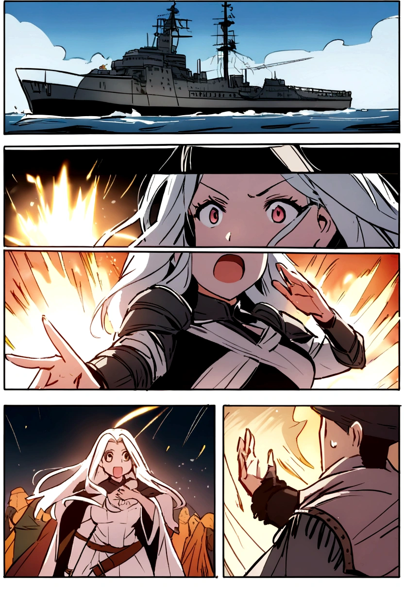 Manga panel of a medieval queen seeing a modern battleship, she's shocked of such advanced technology