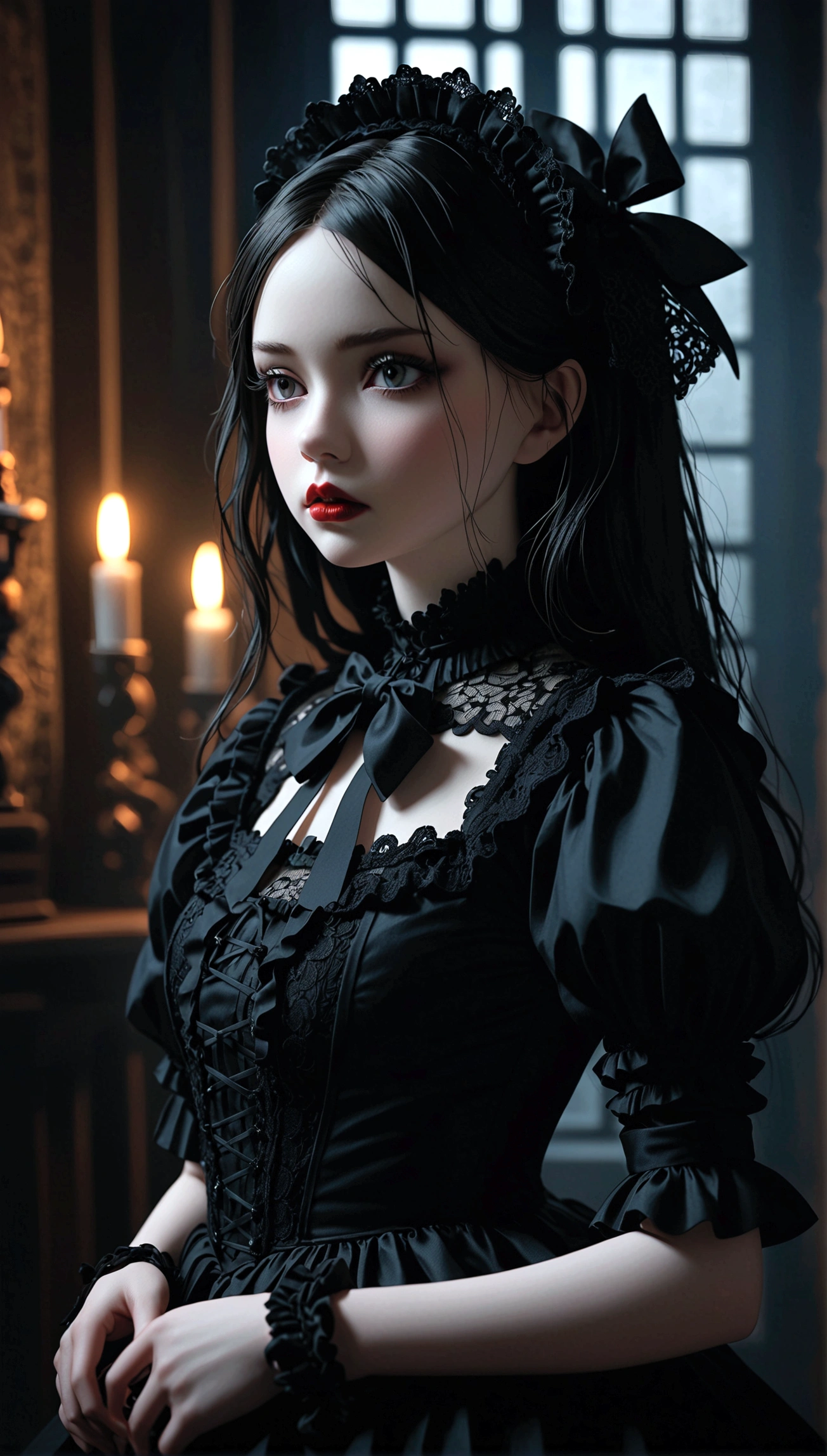 a gothic lolita girl,pale skin,red lips,porcelain doll-like face,intricate black lace Evening Dress,(whole body),ruffles,bows,high collar,long black hair,haunting gaze,dark fairy tale,dramatic lighting,moody atmosphere,cinematic,highly detailed,masterpiece,photorealistic