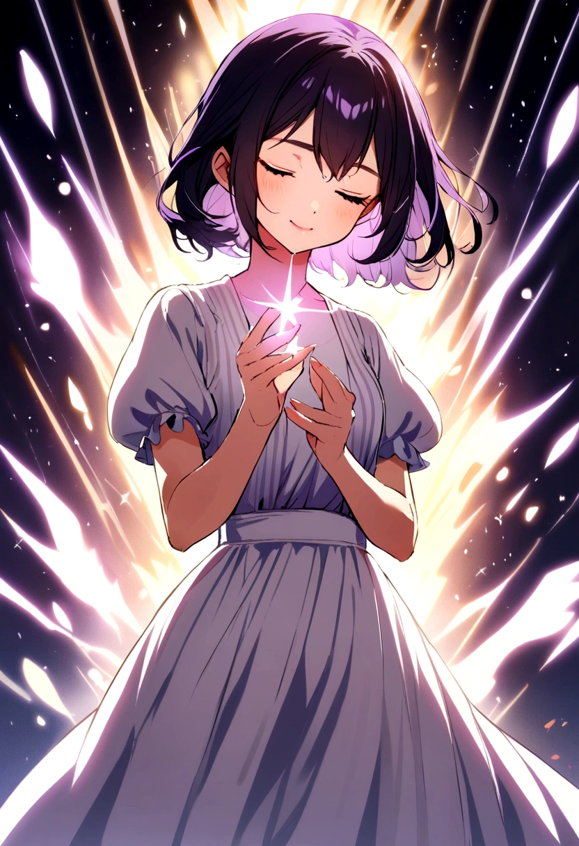 a cute young women, eyes kinda closed, purple