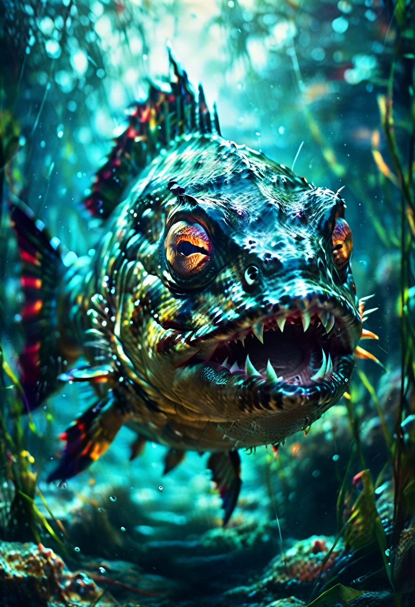 a high-quality digital painting of a menacing (Piranha) swimming aggressively towards the viewer in a dark, murky underwater setting, (The New Renaissance) themed, detailed textures, dynamic lighting, dramatic perspective, fantasy art, epic scene, intricate details, cinematic, 4k