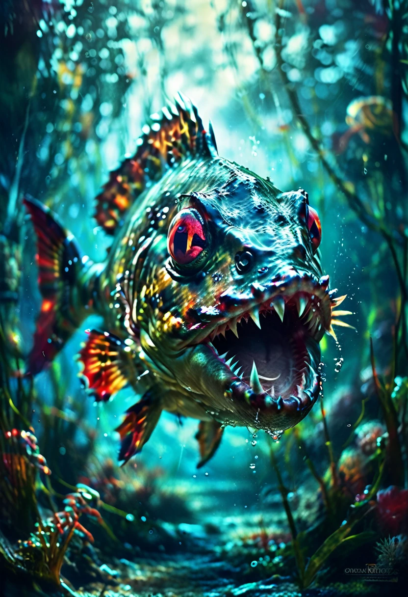 a high-quality digital painting of a menacing (Piranha) swimming aggressively towards the viewer in a dark, murky underwater setting, (The New Renaissance) themed, detailed textures, dynamic lighting, dramatic perspective, fantasy art, epic scene, intricate details, cinematic, 4k