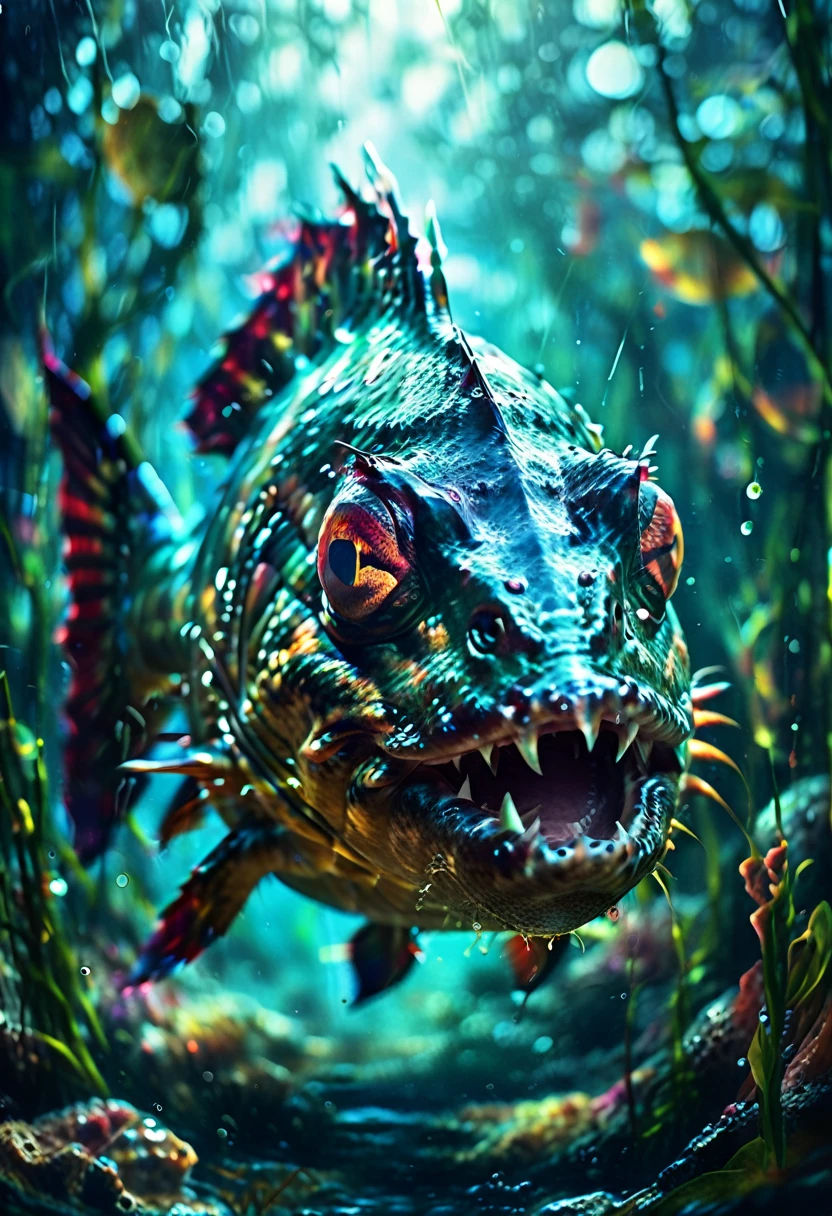 a high-quality digital painting of a menacing (Piranha) swimming aggressively towards the viewer in a dark, murky underwater setting, (The New Renaissance) themed, detailed textures, dynamic lighting, dramatic perspective, fantasy art, epic scene, intricate details, cinematic, 4k