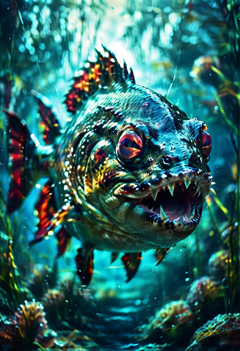 a high-quality digital painting of a menacing (Piranha) swimming aggressively towards the viewer in a dark, murky underwater setting, (The New Renaissance) themed, detailed textures, dynamic lighting, dramatic perspective, fantasy art, epic scene, intricate details, cinematic, 4k