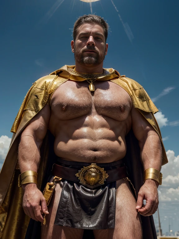 Hyperrealistic image of Saint Sebastian, an old man over 79 years old Italian superhero king holy martyr imperial warrior with gray hair with a huge crown of gold and gems and a halo of light with rays on his head super heavy and very fat very handsome bodybuilder with huge flabby pectorals and very large and pointed nipples very sweaty in a sky of very white clouds wearing only a leather and gold Roman skirt and a velvet cape over the shoulders with an ermine collar