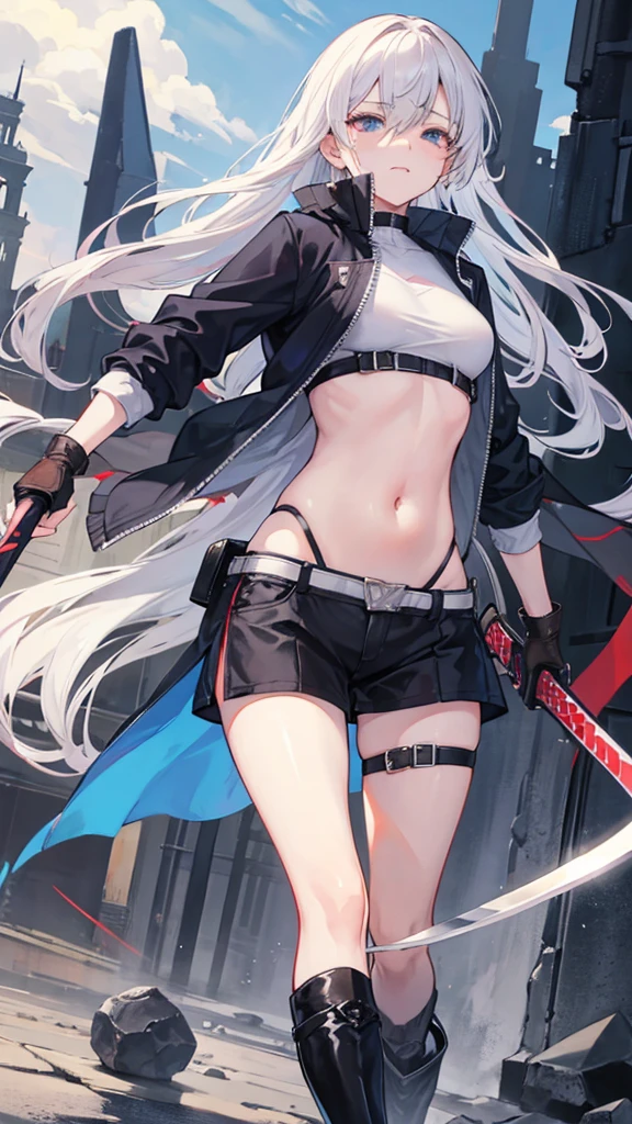 Girl, Navel exposed, Wearing calf-length socks and boots, Holding a sword, Being attacked by enemies, He closes his eyes in pain and cries, Wearing a jacket