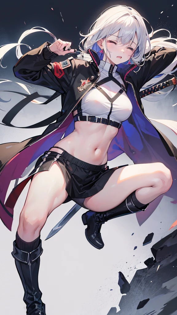 Girl, Navel exposed, Wearing calf-length socks and boots, Holding a sword, Being attacked by enemies, He closes his eyes in pain and cries, Wearing a jacket