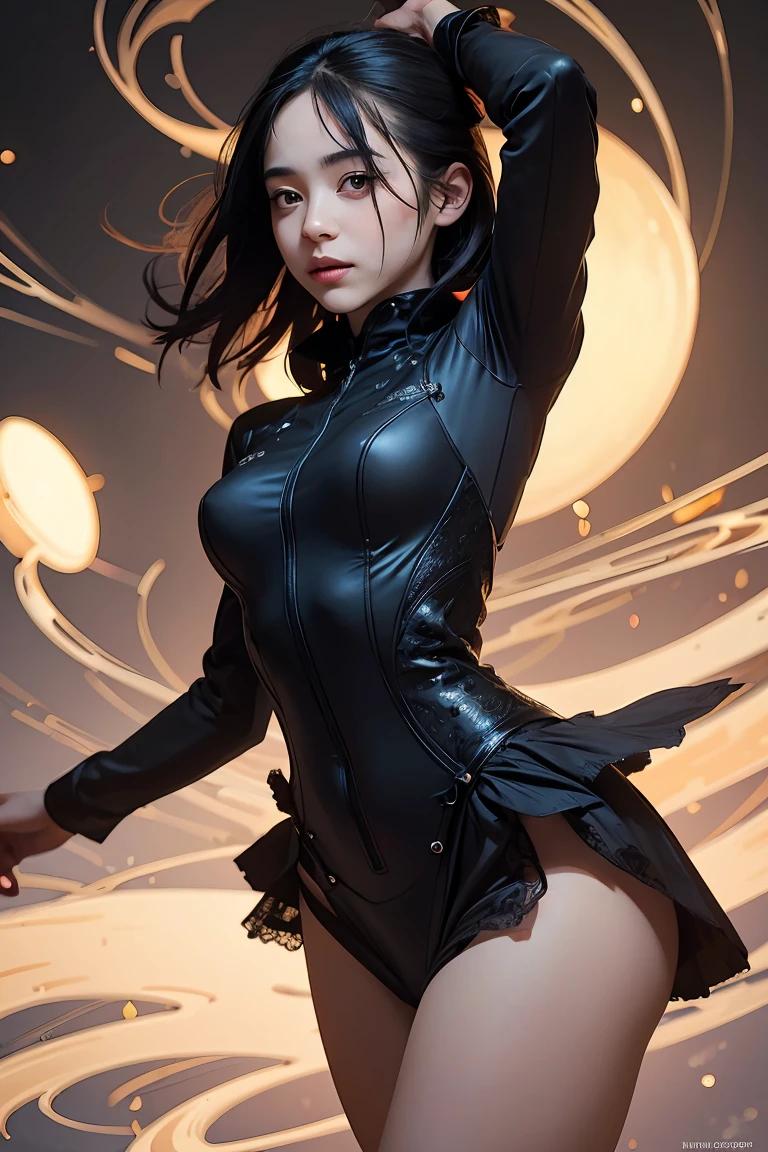 ((masterpiece, best quality)), ultra detailed 8k, photorealistic, sharp focus, highly detailed, professional lighting , shadowmancer, photo of a woman, ink particle, ((swirling black ink floating around)), futuristic fantasy, futuristic black dress, dynamic pose, realistic, masterpiece, intricate details, detailed background, depth of field,