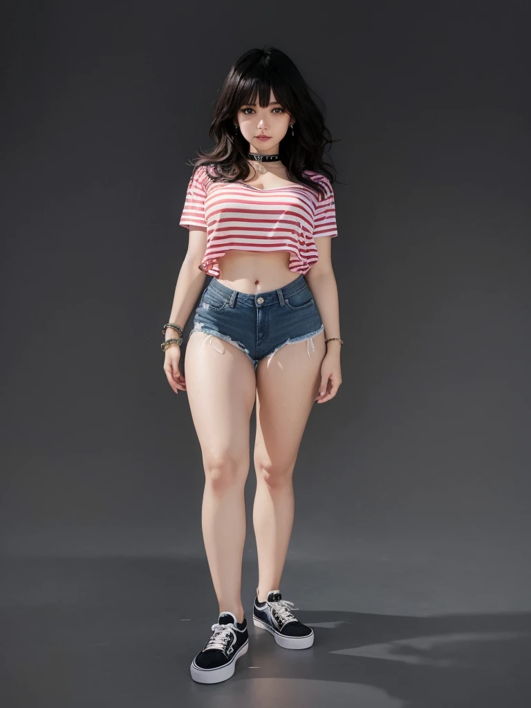 girl sexy realistic, fringe hair realistic, face sweet realistic wearing realistic t-shirt, realistic shorts denim, realistic ankle white socks, realistic vans shoes uses choker and bracelets realistic details.