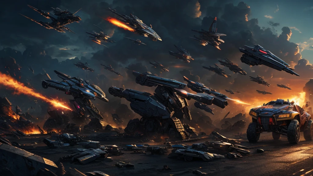 create 3D wallpaper with realistic picture of autobots war with decepticons in transformers movie, super realistic, super detail, best quality poster movie, high res, 16K.