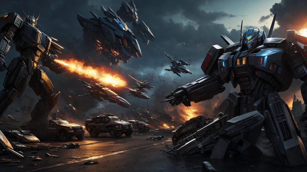 create 3D wallpaper with realistic picture of autobots war with decepticons in transformers movie, super realistic, super detail, best quality poster movie, high res, 16K.