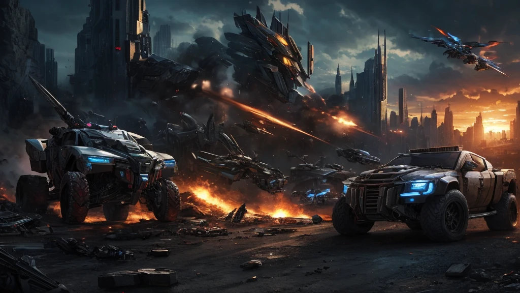 create 3D wallpaper with realistic picture of autobots war with decepticons in transformers movie, super realistic, super detail, best quality poster movie, high res, 16K.