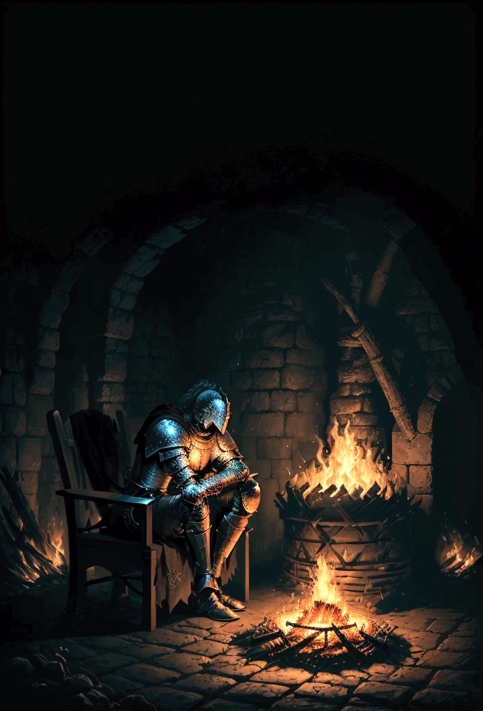 a knight resting in bonfire, high quality, masterpiece, dark theme, dark souls theme,  