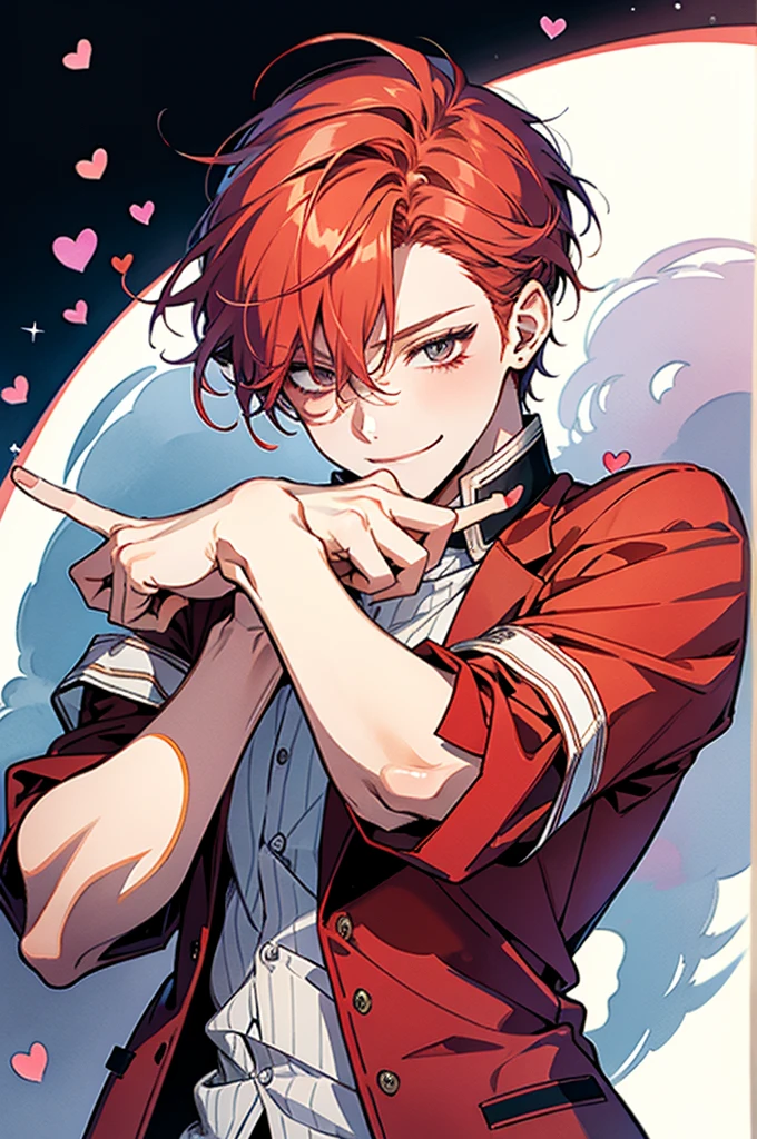 Bright red hair,short hair,clear line drawing, transparent watercolor, clear shading, beautiful young man, slim,finger heart, Fashionable everyday wear, convey love, inner strength, loves it,high quality, Amount to draw, pixiv illustration,smile, {{{man make heart symbol with fingers,make heart symbol with index fingers and middle fingers}}},((Holding a heart, heart pose, front hands))