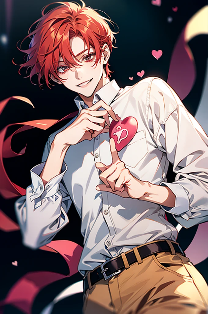 Bright red hair,short hair,clear line drawing, transparent watercolor, clear shading, beautiful young man, slim,finger heart, Fashionable everyday wear, convey love, inner strength, loves it,high quality, Amount to draw, pixiv illustration,smile, {{{man make heart symbol with fingers,make heart symbol with index fingers and middle fingers}}},((Holding a heart, heart pose, front hands))