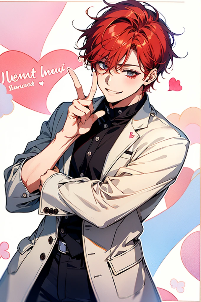 Bright red hair,short hair,clear line drawing, transparent watercolor, clear shading, beautiful young man, slim,finger heart, Fashionable everyday wear, convey love, inner strength, loves it,high quality, Amount to draw, pixiv illustration,smile, {{{man make heart symbol with fingers,make heart symbol with index fingers and middle fingers}}},((Holding a heart, heart pose, front hands))