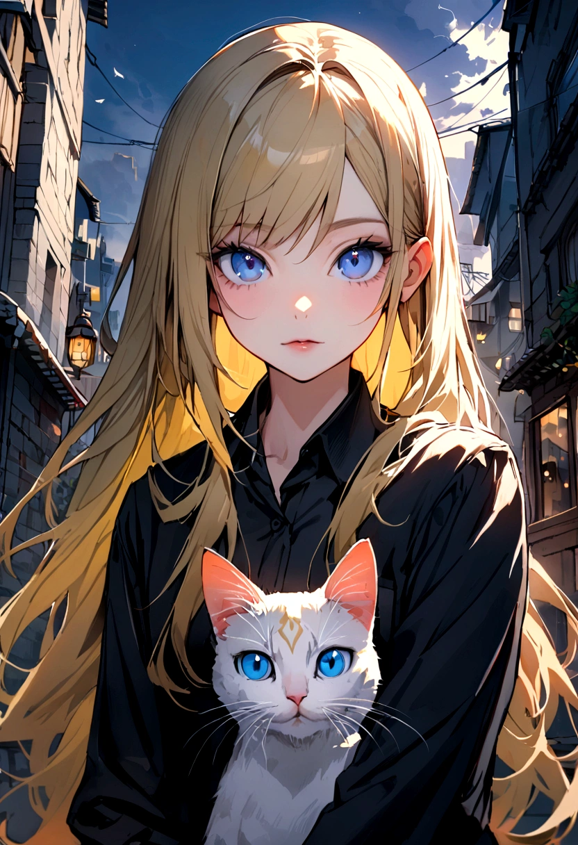 (Highest quality)(detailed)(1 age girl,single,long hair,Dark yellow hair,blue eyes ,Black suit shirt,Turn to look at the viewer,with guardian cat)