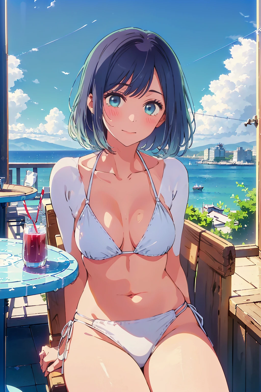 (Highest quality:1.4、8k:1.4、detailed)、F cup bust、Big Breasts、Slim and beautiful arms、Slim body、Very white beautiful skin、((((1 person、smile、smile、sit、Chair、In the background are the urban buildings of Tokyo、looking at the camera、Outdoor café terrace、coastal、Navy hair color、Touching your hair、juice、White side string high leg bikini、Shooting from an angle、Shooting up close、table、Very cute face))))、Very blue sky、A completely cloudless sky、She tilted her head slightly、The atmosphere is bright and lively、The woman is at the center of the image。