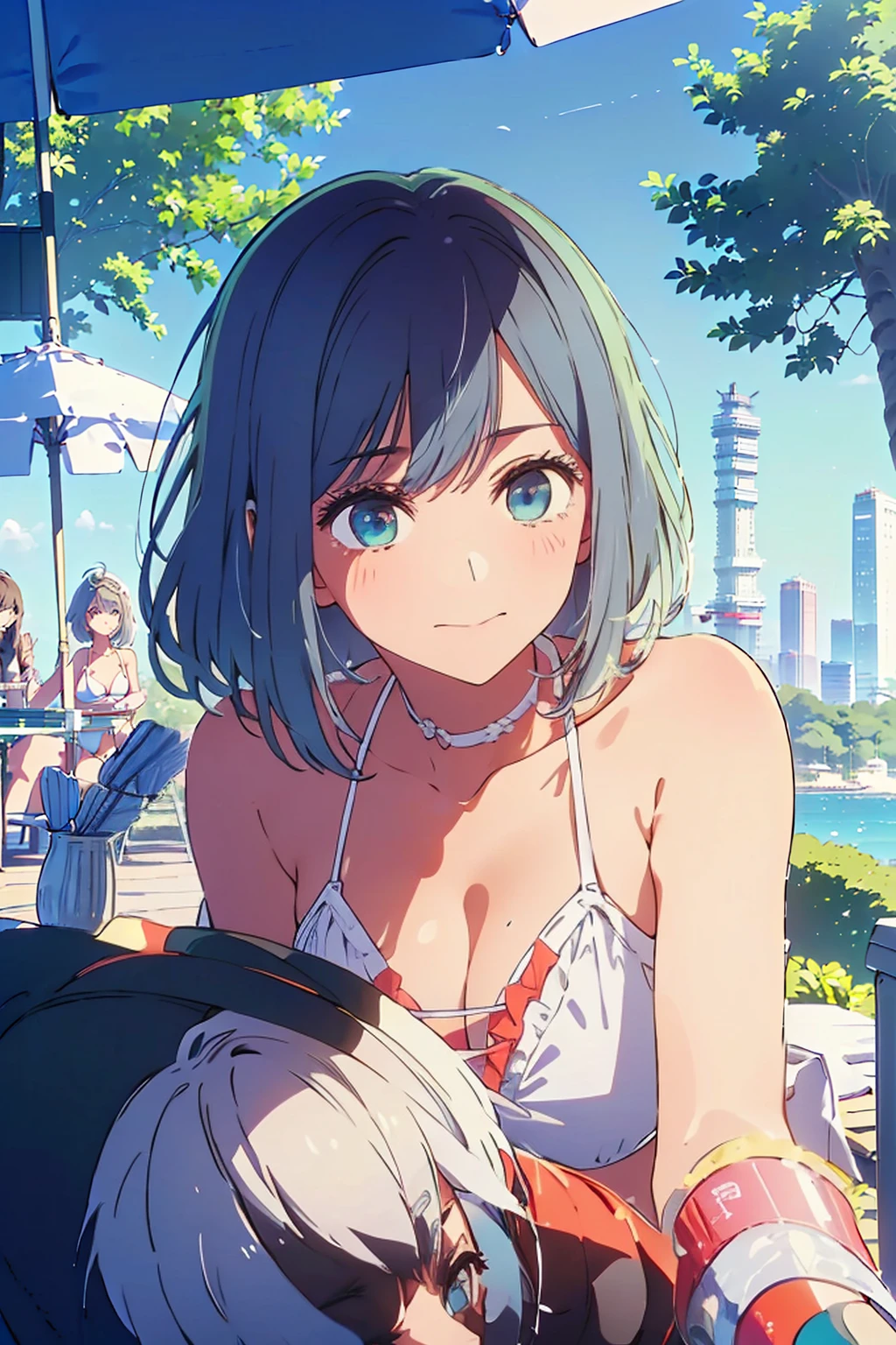 (Highest quality:1.4、8k:1.4、detailed)、F cup bust、Big Breasts、Slim and beautiful arms、Slim body、Very white beautiful skin、((((1 person、smile、smile、sit、Chair、In the background are the urban buildings of Tokyo、looking at the camera、Outdoor café terrace、coastal、Navy hair color、Touching your hair、juice、White side string high leg bikini、Shooting from an angle、Shooting up close、table、Very cute face))))、Very blue sky、A completely cloudless sky、She tilted her head slightly、The atmosphere is bright and lively、The woman is at the center of the image。