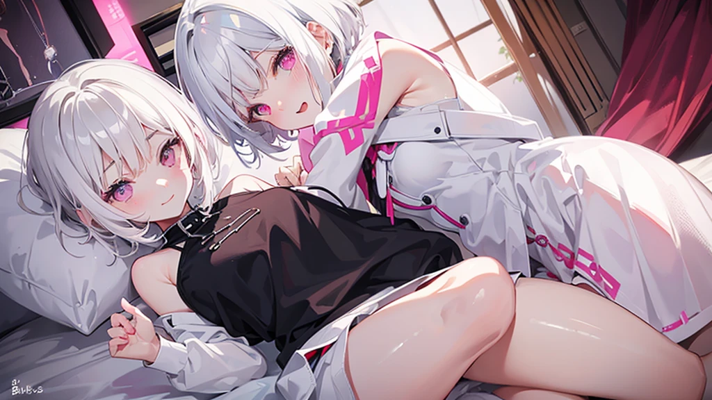 White Hair Girl、Pink Eyes、Short Hair、Only one girl、Night、In the bedroom、Blushing、laughing、Excited