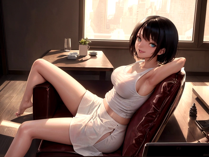 ((realistic)), cinematic shot, photo referenced, highest quality, high quality, (detailed face and eyes:1.1), intricate (high detail), (detailed skin:1.1), shiny skin, photorealism, volumetric lighting, a beautiful 18-year-old woman with short hair, wearing a white tank top and white miniskirt. She is sitting at a dining table in a modern living room, using an iPad. A Wi-Fi router is on the table. She is laughing with her mouth open and looking at the camera. The room is decorated with abstract art