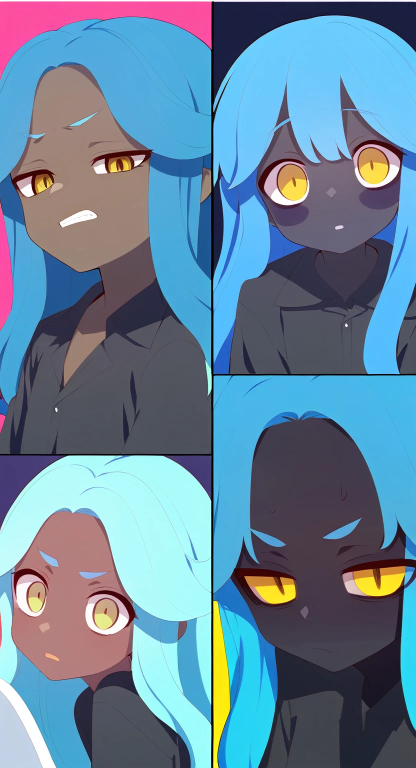 Black Skin、Blue Hair、Slanted Eyes、Yellow Eyes、girl、long hair、Dark Skin、cute、cool、