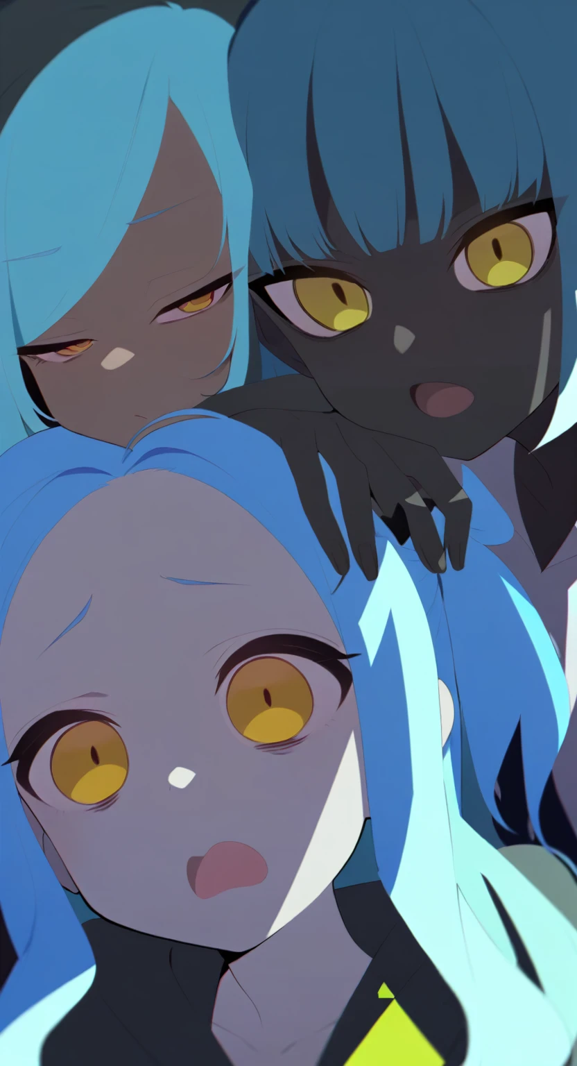 Black Skin、Blue Hair、Slanted Eyes、Yellow Eyes、girl、long hair、Dark Skin、cute、cool、