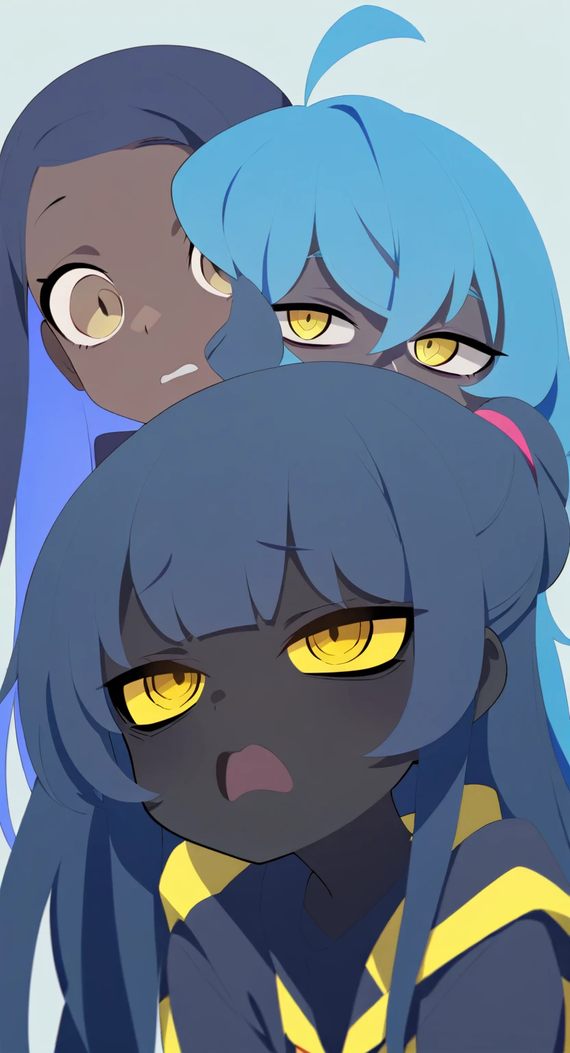 Black Skin、Blue Hair、Slanted Eyes、Yellow Eyes、girl、long hair、Dark Skin、cute、cool、