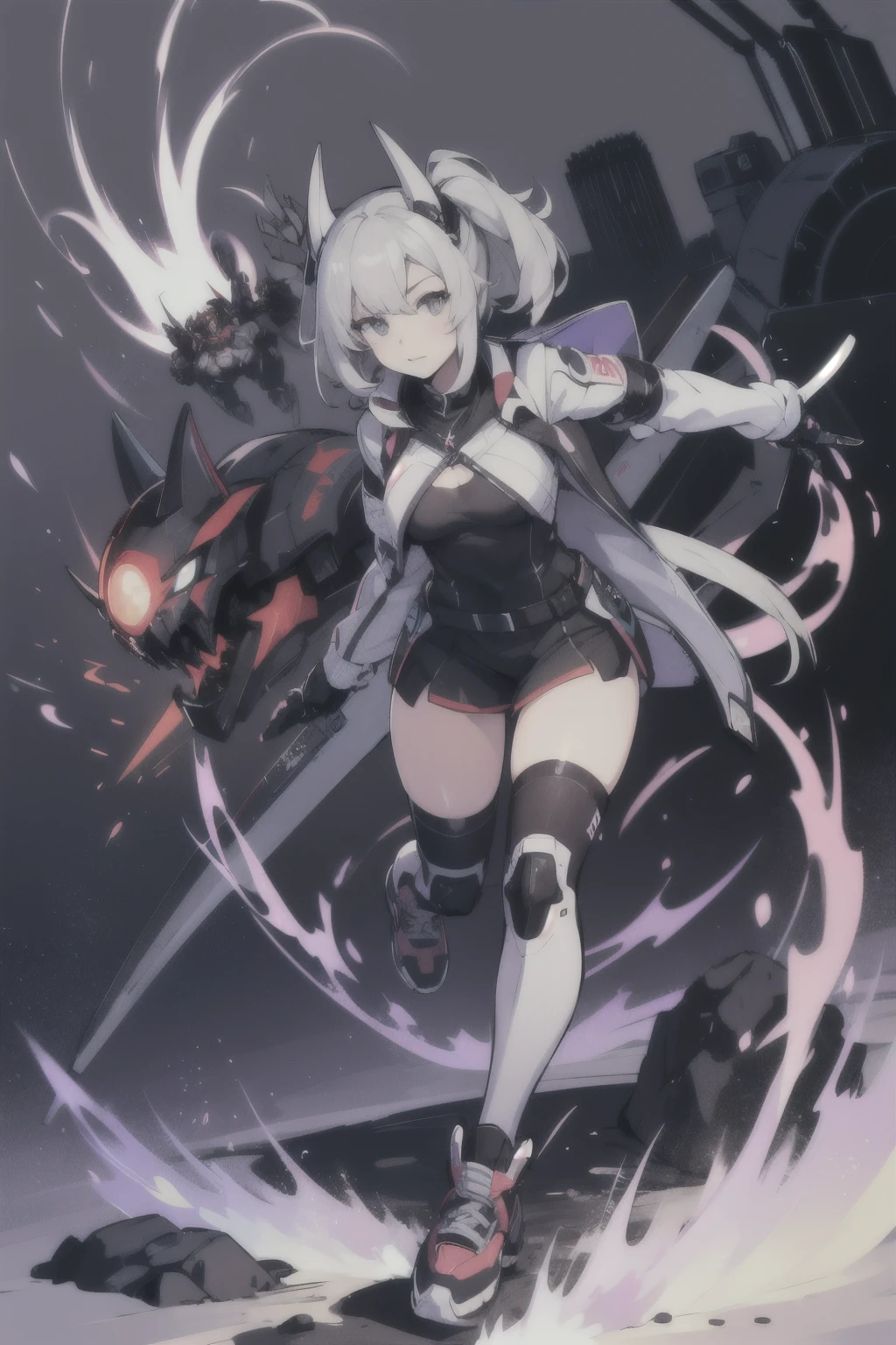 Girl, wearing techwear, streetwear, sneakers, dynamic pose, harajuku style, cyborg, mecha, mecha armored, honkai impact outfit, punishing grey raven outfit